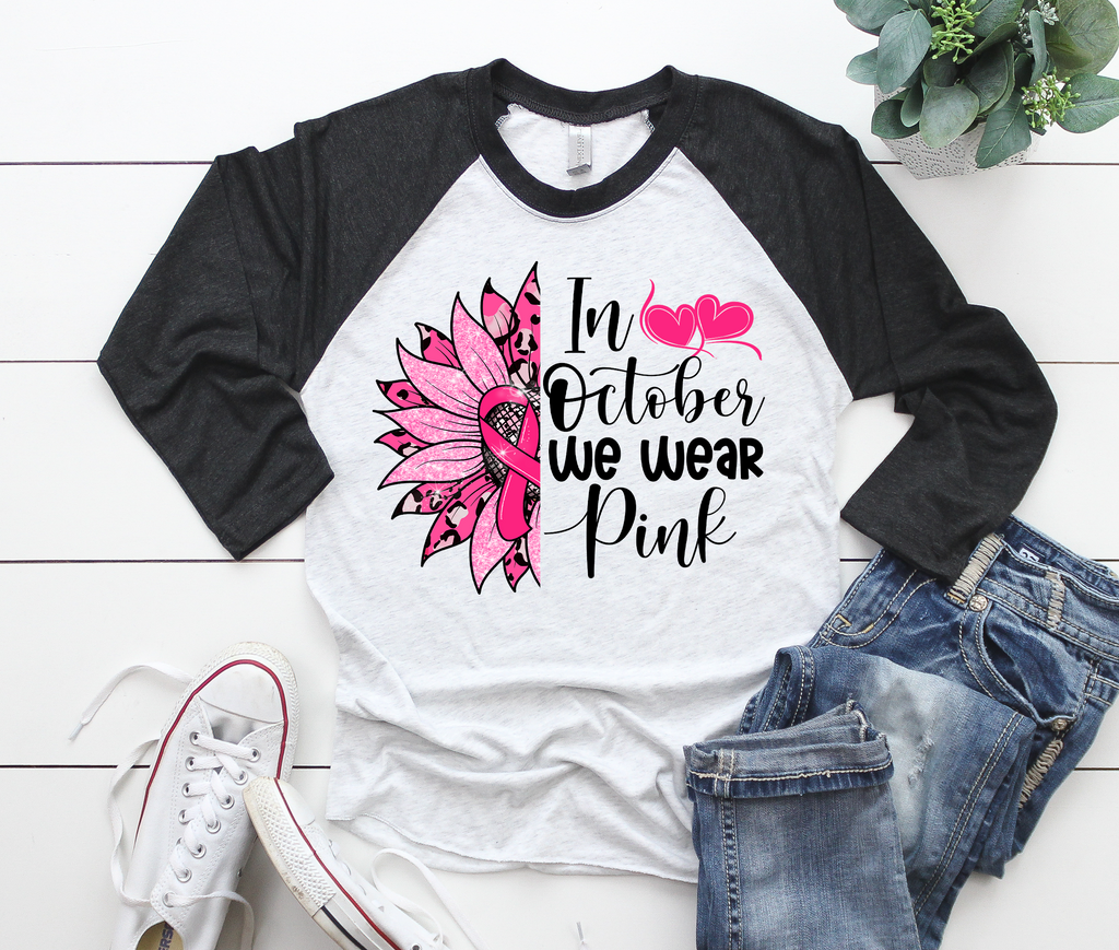 In October We Wear Pink Sunflower Raglan Shirt - Vazzie Tees